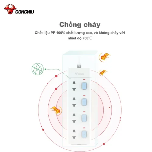 Ổ cắm điện Gongniu V3040 4 công tắc 4 lỗ 2500W chống cháy