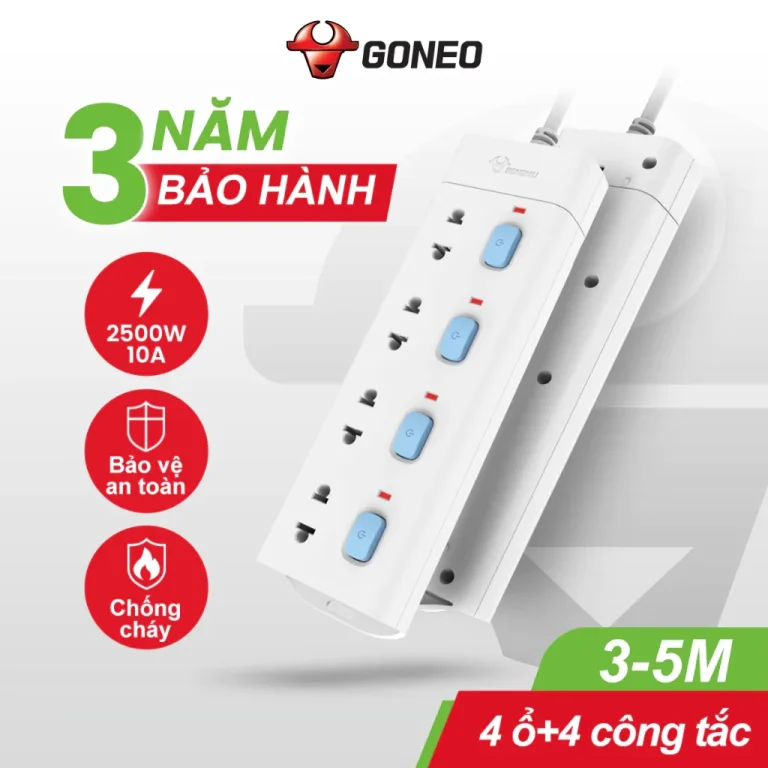 Ổ cắm điện Gongniu V3040 4 ổ cắm 4 công tắc riêng, công suất 2500W