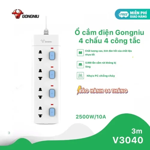 Ổ cắm điện Gongniu V3040 mặt trước với 4 công tắc riêng, 4 lỗ cắm 2500W dây 3m