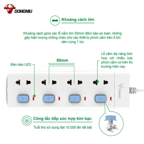 Ổ cắm điện Gongniu V3040 4 công tắc 4 lỗ với khoảng cách lỗ cắm 50 mm