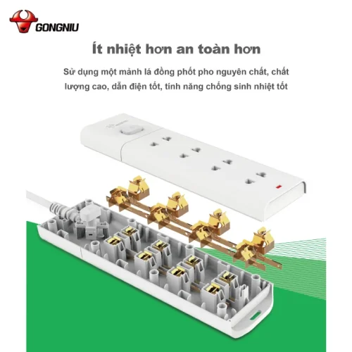 Cấu tạo lá đồng bên trong ổ cắm điện Gongniu V1040 4 lỗ 2500W