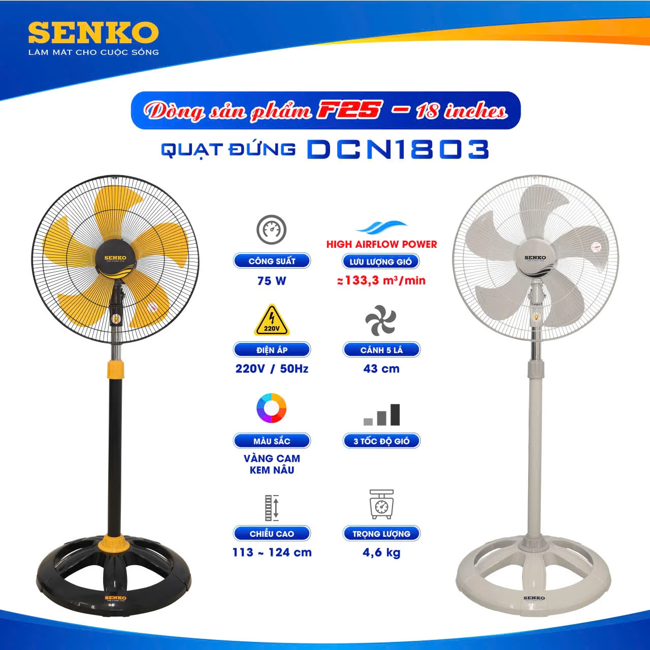Quạt đứng Senko DCN1803 5 cánh 75W thân sắt
