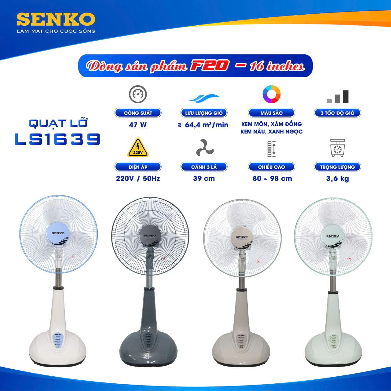 Quạt lỡ Senko LS1639 3 cánh 47W cổ sắt