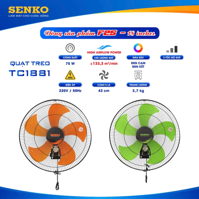 Quạt treo tường Senko TC1881 5 cánh 75W 2 dây