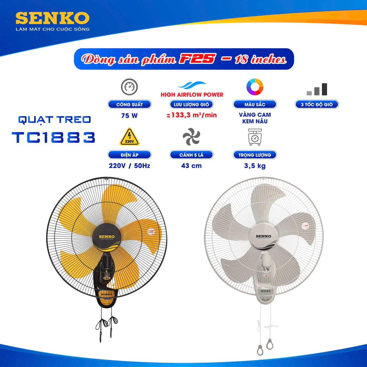 Quạt treo tường Senko TC1883 5 cánh 75W 2 dây