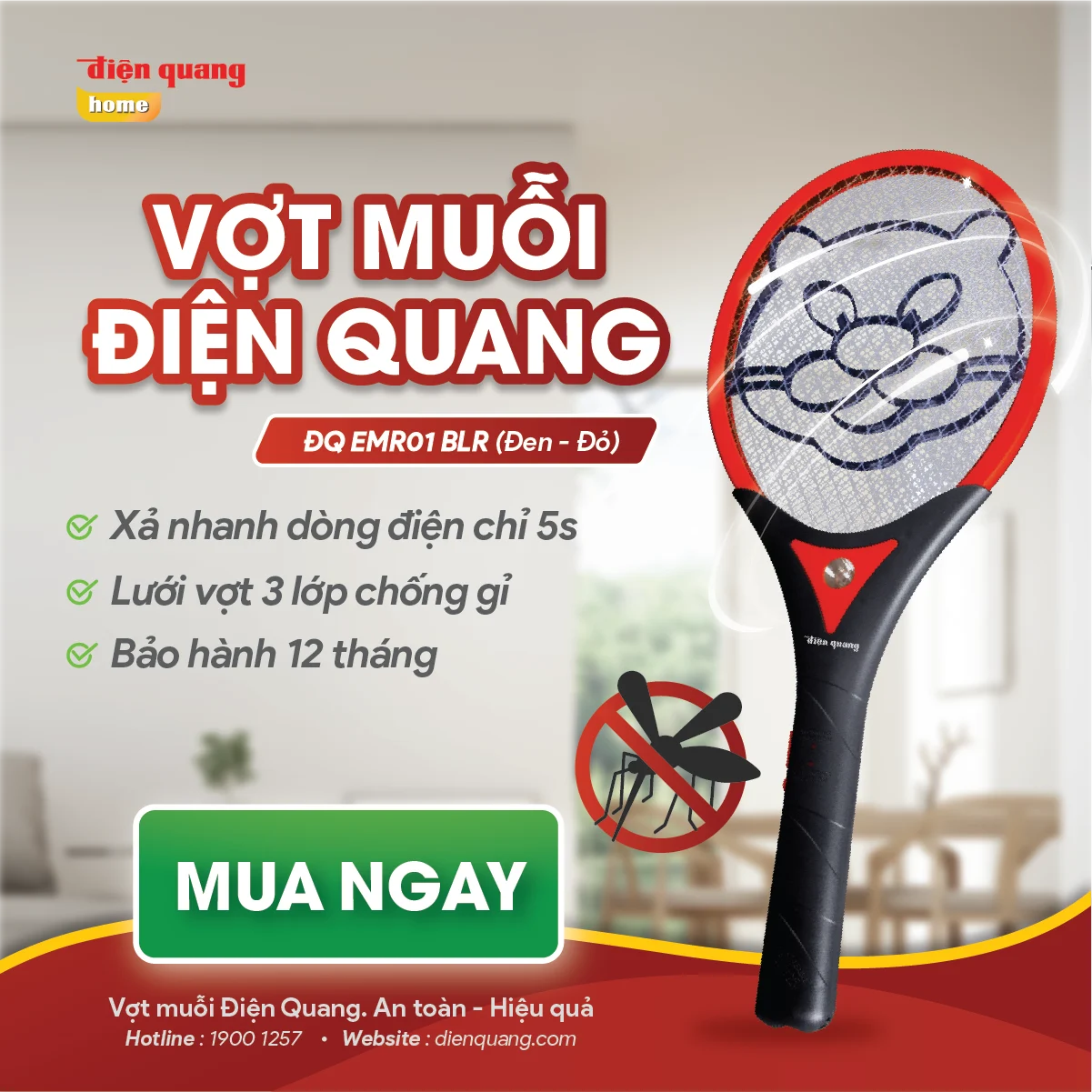 Vợt muỗi Điện Quang ĐQ EMR01 màu đen đỏ, lưới vợt 3 lớp