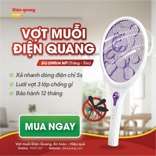 Vợt muỗi Điện Quang ĐQ EMR04 WP trắng tím với lưới 3 lớp