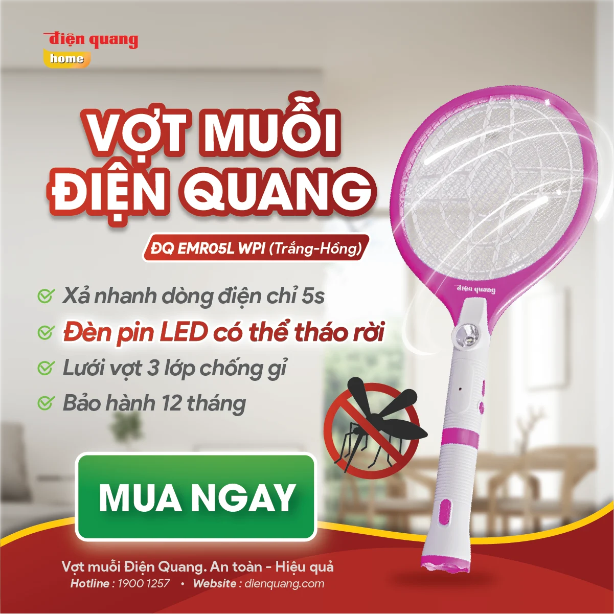 Vợt muỗi Điện Quang ĐQ EMR05L WPI trắng hồng