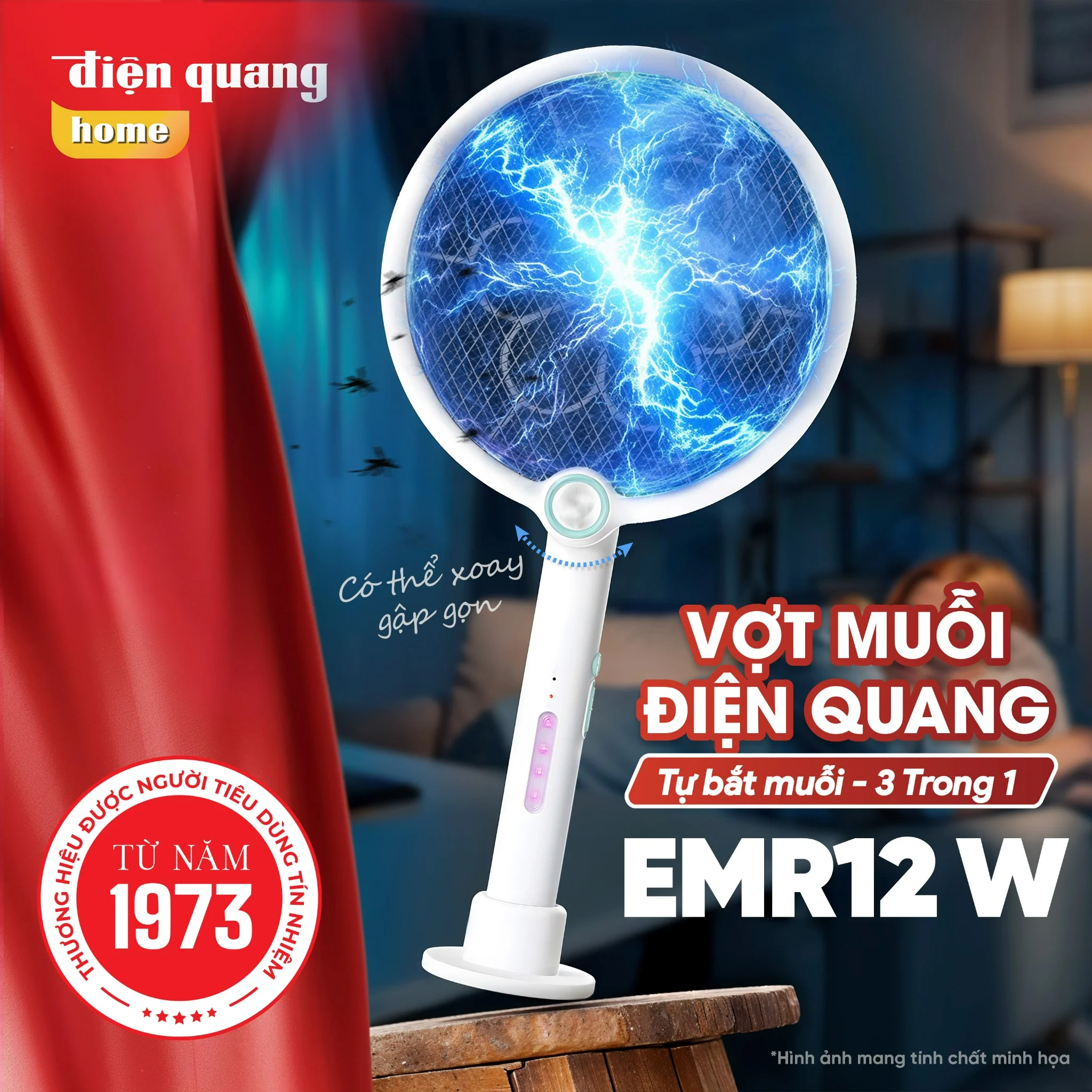 Vợt muỗi Điện Quang ĐQ EMR12 W - Gấp Gọn 3 Trong 1, Pin Lithium, Màu Trắng — ảnh 1