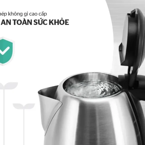 Ấm siêu tốc SUNHOUSE HTD1021 cận cảnh thân ấm inox và nắp mở