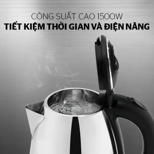 Ấm siêu tốc SUNHOUSE HTD1081 với nắp mở và miệng ấm nhìn góc nghiêng