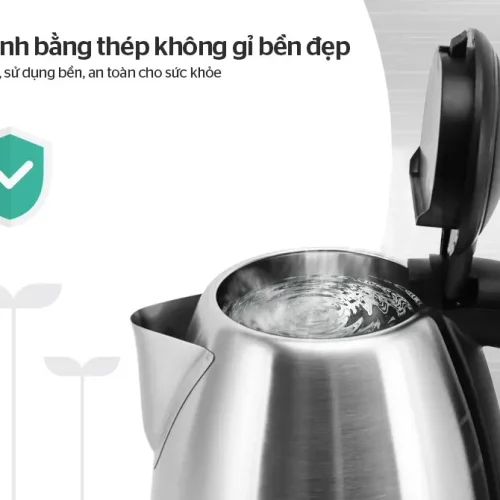Ấm siêu tốc SUNHOUSE SHD1057 cận cảnh thân ấm inox, nắp và vòi rót