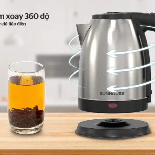 Ấm siêu tốc SUNHOUSE SHD1183 inox góc nghiêng mặt trước cùng đế tiếp điện
