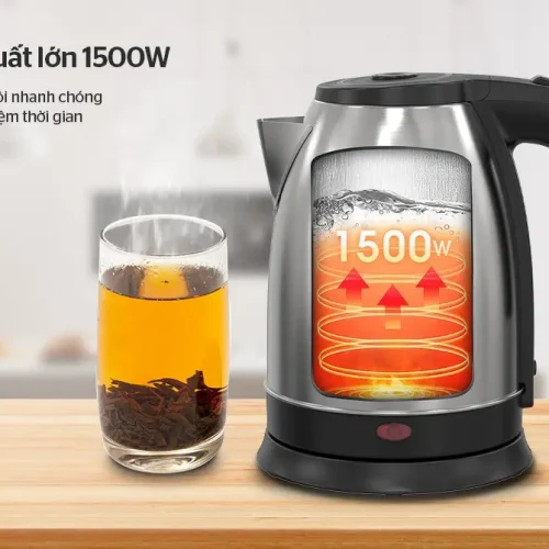 Ấm siêu tốc SUNHOUSE SHD1183 mặt bên phải với tay cầm, đế và ly trà