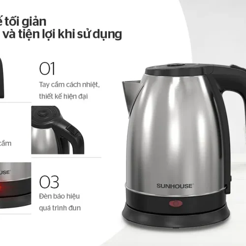 Ấm siêu tốc SUNHOUSE SHD1183 góc nghiêng với tay cầm, công tắc và đèn báo