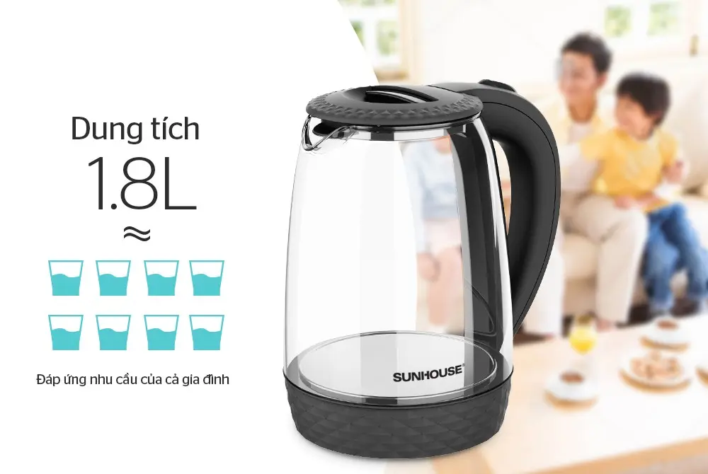Ấm siêu tốc SUNHOUSE SHD1215B - 1.8 lít, Thủy tinh - Ảnh 3