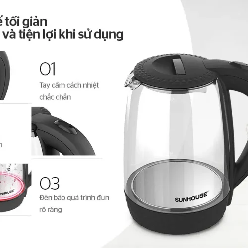 Ấm siêu tốc SUNHOUSE SHD1215B góc nghiêng, tay cầm và đèn báo đế
