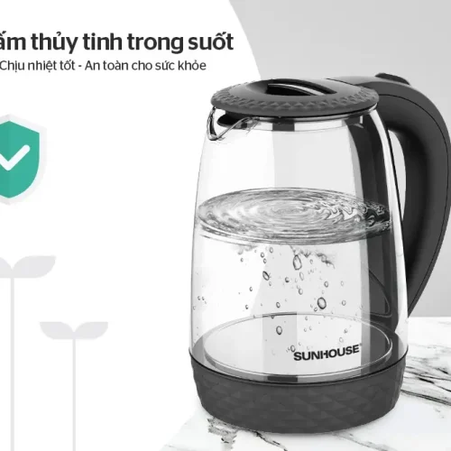 Ấm siêu tốc SUNHOUSE SHD1215B thân thủy tinh trong suốt góc nghiêng