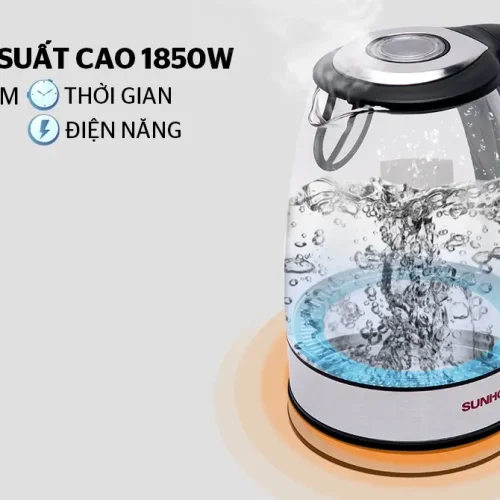 Ấm siêu tốc SUNHOUSE SHD1217 thủy tinh góc nghiêng đang đun nước