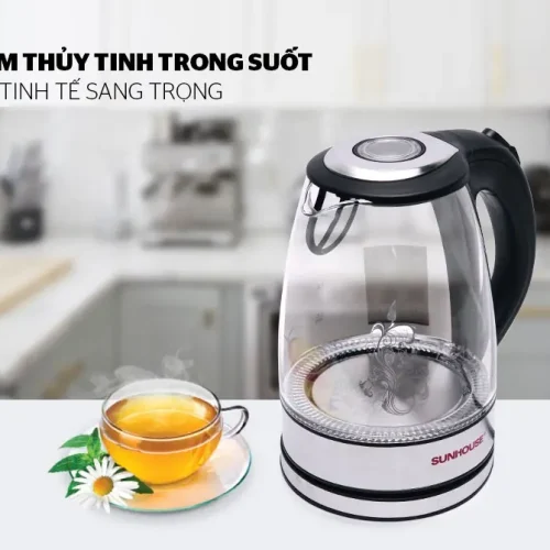Ấm siêu tốc SUNHOUSE SHD1217 thân thủy tinh, góc nghiêng mặt trước bên phải