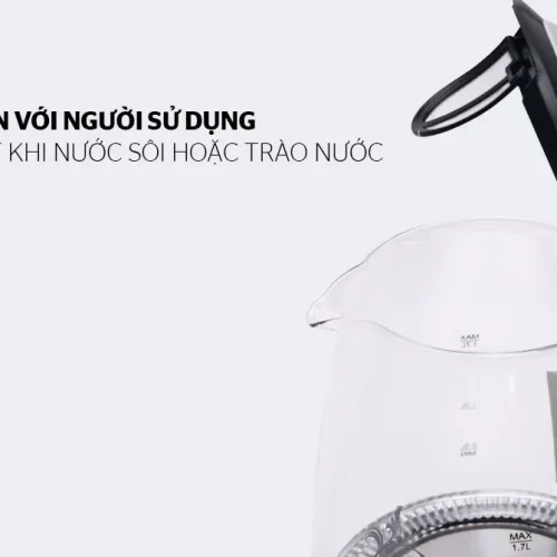 Ấm siêu tốc SUNHOUSE SHD1217 cận cảnh nắp mở và phần thân trên