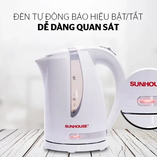 Ấm siêu tốc SUNHOUSE SHD1300 góc nghiêng, thấy đèn báo và thang đo nước