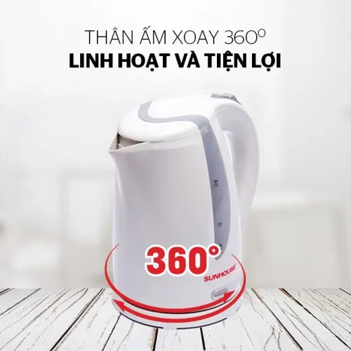 Ấm siêu tốc SUNHOUSE SHD1300 chụp góc nghiêng, thân ấm và tay cầm