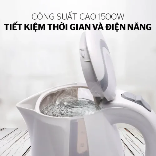 Ấm siêu tốc SUNHOUSE SHD1300 góc nghiêng với nắp mở và nước đang sôi