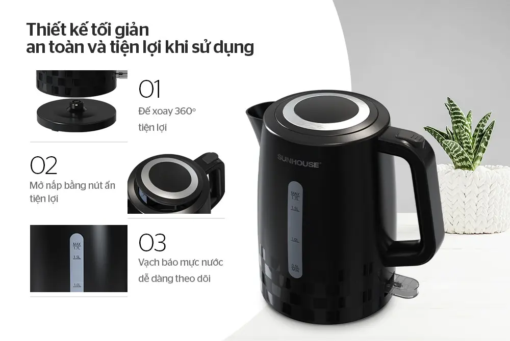 Ấm siêu tốc SUNHOUSE SHD1306 góc nghiêng với đế xoay và vạch nước