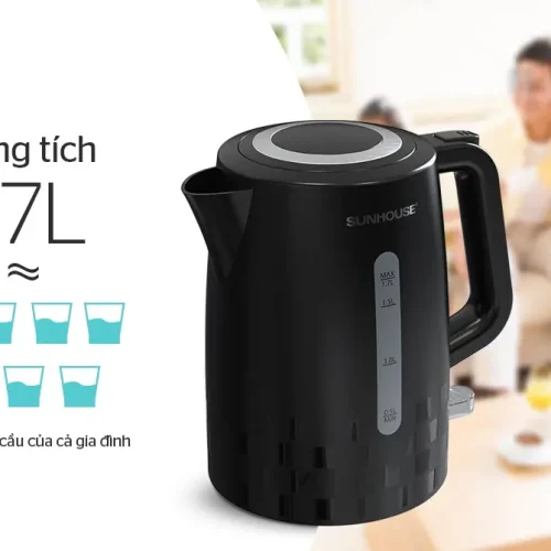 Ấm siêu tốc SUNHOUSE SHD1306 góc nghiêng, thấy thân ấm và vạch mực nước