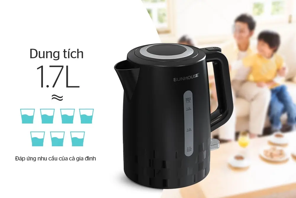 Ấm siêu tốc SUNHOUSE SHD1306 góc nghiêng, thấy thân ấm và vạch mực nước