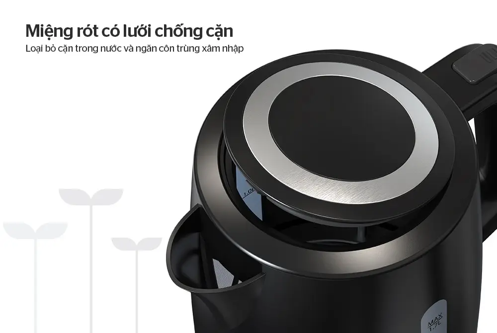 Ấm siêu tốc SUNHOUSE SHD1306 cận cảnh miệng rót có lưới chống cặn
