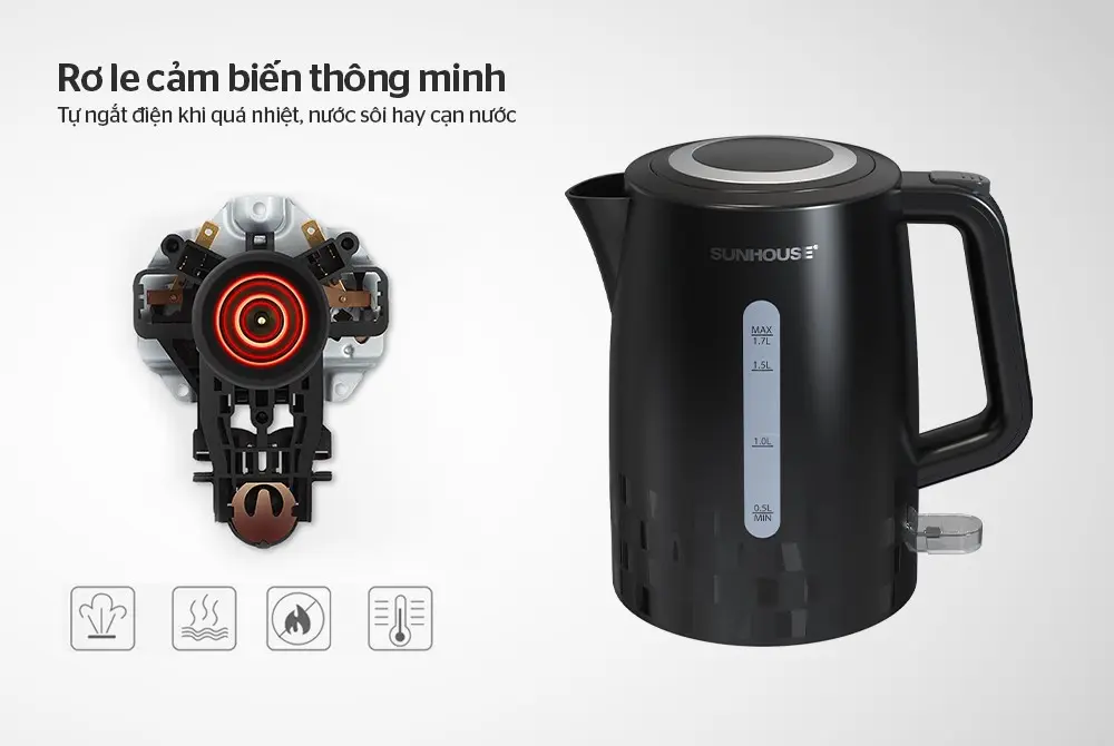Ấm siêu tốc SUNHOUSE SHD1306 cận cảnh rơ le cảm biến và thân ấm