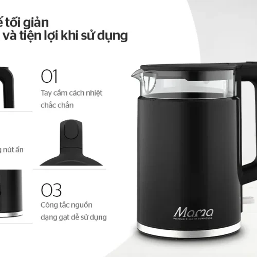 Ấm siêu tốc SUNHOUSE SHD1330 với tay cầm, nút mở nắp và công tắc nguồn