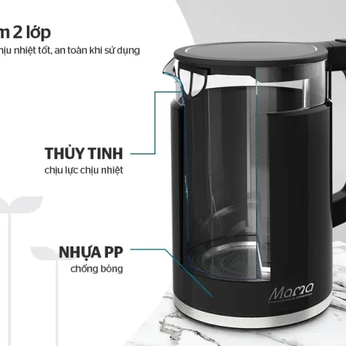 Ấm siêu tốc SUNHOUSE SHD1330 góc nghiêng, thấy thân ấm và tay cầm