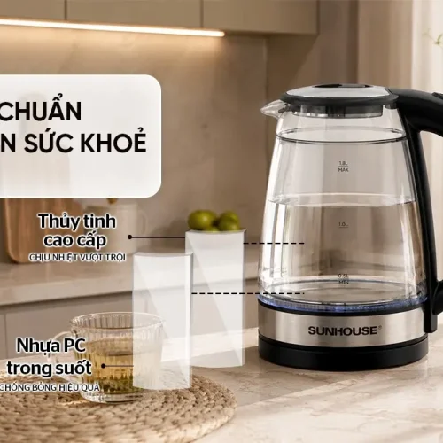 Ấm siêu tốc SUNHOUSE SHD1331 với thân thủy tinh chịu nhiệt và nhựa PC trong suốt