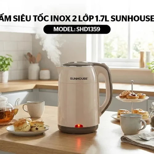 Ấm siêu tốc SUNHOUSE SHD1359 inox 2 lớp 1.7 lít màu kem