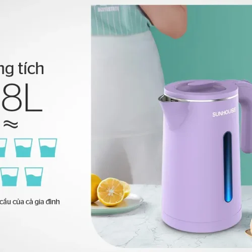 Ấm siêu tốc SUNHOUSE SHD1368KB màu tím, góc nghiêng thấy tay cầm và mực nước