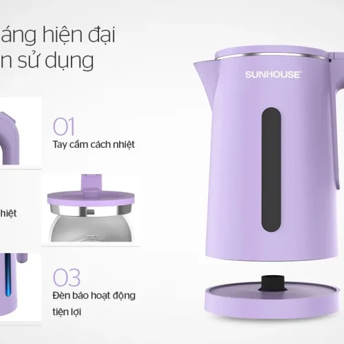 Ấm siêu tốc SUNHOUSE SHD1368KB với tay cầm, nắp ấm và đèn báo hoạt động