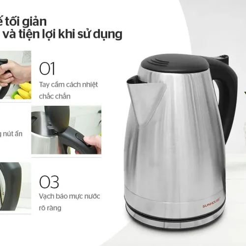 Ấm siêu tốc SUNHOUSE SHD1370 góc nghiêng, tay cầm và vạch báo mực nước