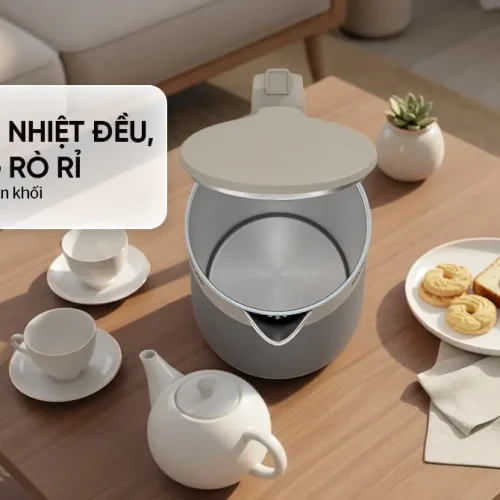 Ấm siêu tốc SUNHOUSE SHD1376 với nắp mở, nhìn từ góc nghiêng trên
