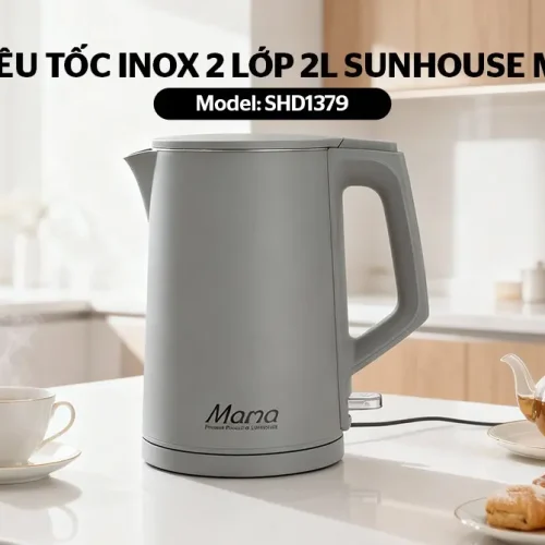 Ấm siêu tốc SUNHOUSE SHD1379 chụp góc nghiêng mặt trước với tay cầm và dây nguồn