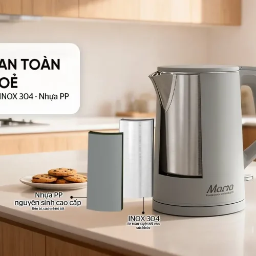 Ấm siêu tốc SUNHOUSE SHD1379 toàn thân ở góc nghiêng trong không gian bếp