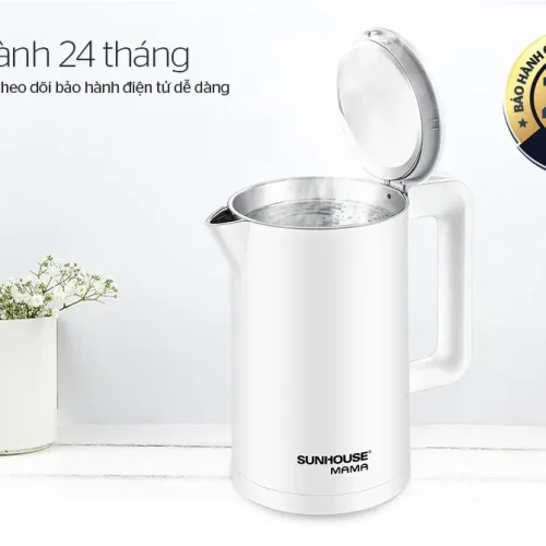Ấm siêu tốc SUNHOUSE SHD1386W mặt trước với nắp mở, tay cầm và vòi rót