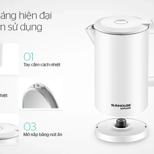 Ấm siêu tốc SUNHOUSE SHD1386W góc nghiêng với tay cầm, nắp và đế tiếp điện