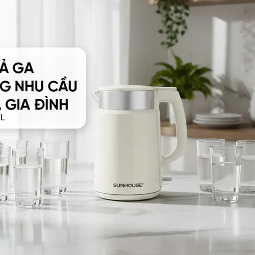 Ấm siêu tốc SUNHOUSE SHD1387 dung tích 2 lít đặt trên bàn bếp