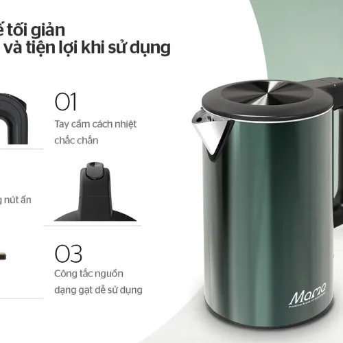 Ấm siêu tốc SUNHOUSE SHD1389 góc nghiêng với tay cầm, nút mở nắp và công tắc nguồn