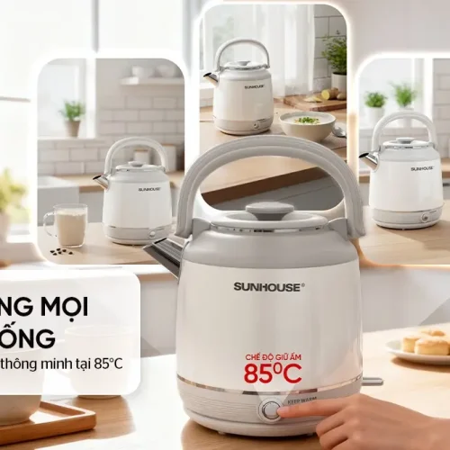 Ấm siêu tốc SUNHOUSE SHD1392 mặt trước với nút giữ ấm 85°C