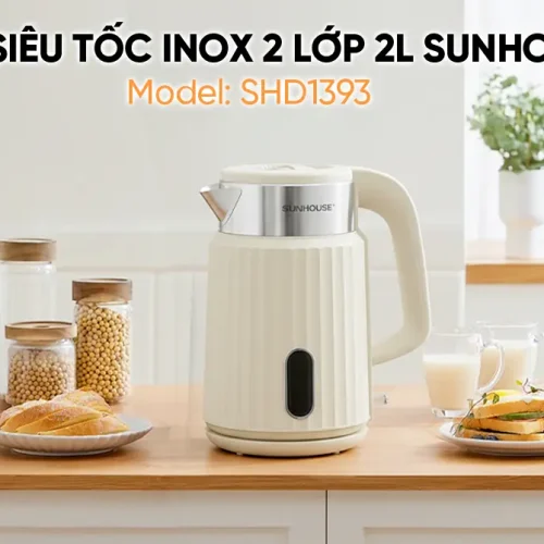 Ấm siêu tốc SUNHOUSE SHD1393 2 lít inox 2 lớp đặt trên bàn bếp