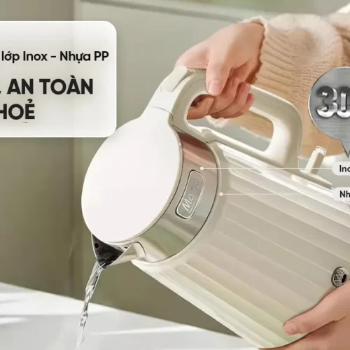 Ấm siêu tốc SUNHOUSE SHD1395 góc nghiêng, thấy thân ấm và tay cầm